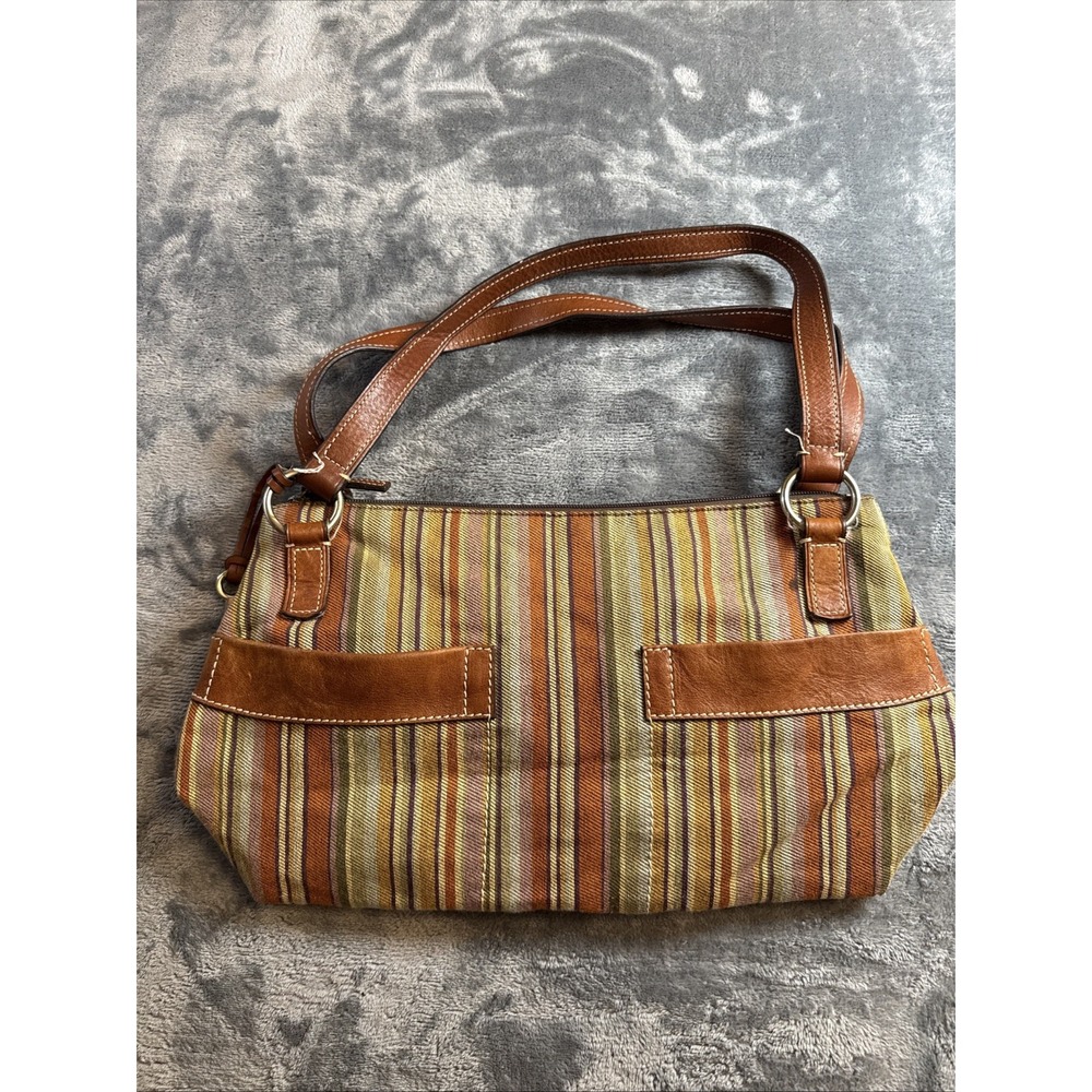 Vtg Fossil Striped Canvas Brown Leather Tote Shoulder Bag 75082
